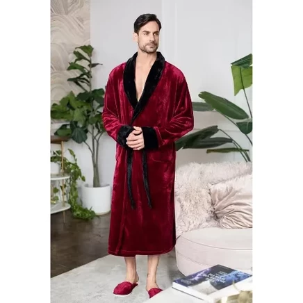 Мужской халат Lotus Linen, плюшевый, L/XL, бордово-черный