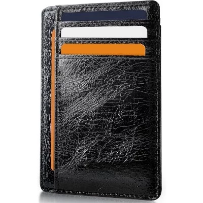 Тонкий кошелек с передним карманом, Минималистичная кожаная RFID-блокировка, черный среднего размера