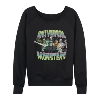 Женская футболка Monsters Collage из легкого французского махрового полотна с широким вырезом и длинным рукавом с графическим рисунком, черная