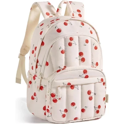 Quilted Travel Laptop Backpack for Women – Water-Resistant 15.6 Inch Casual Bookbag, College & Daily Use 15-cherry print