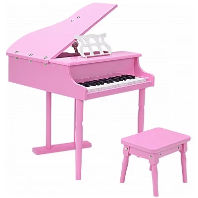 детское игрушечное пианино Grand Baby Piano на 30 клавиш с детской скамейкой из дерева Розовый / черный /Белый розовый