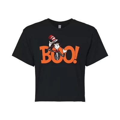 Женская укороченная футболка с рисунком кота в шляпе Boo Cat, черная