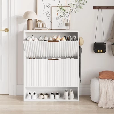 Fluted Shoe Cabinet Storage for Entryway with 2 Flip Drawers & Bottom Open Shelf, Narrow Shoe Rack Cabinet with Side Hooks white