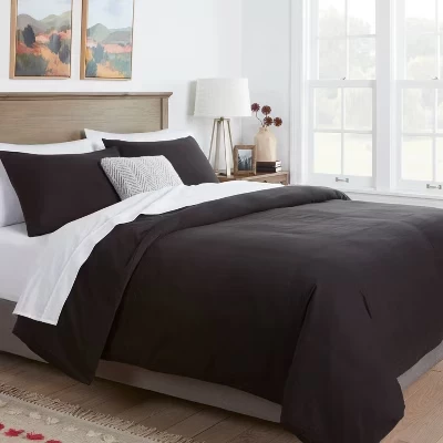 Постиранный хлопковый сатиновый пододеяльник и комплект Sham - ™ black