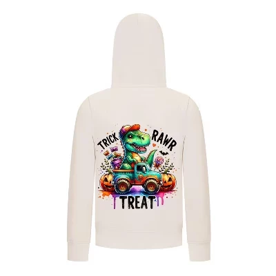 Толстовка с капюшоном на Хэллоуин с динозавром “Trick RAWR Treat” – Симпатичный рисунок грузовика T-Rex – Забавная осенняя толстовка на молнии для мальчиков, темно-белая