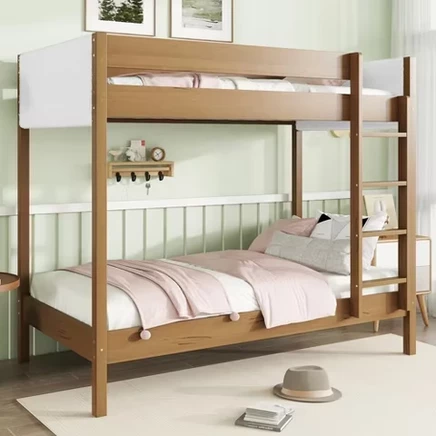 Двухъярусная кровать Twin Over Twin с мягким изголовьем и изножьем для детей и подростков, Деревянный каркас двухъярусной кровати с лестницей и поручнями, натуральный
