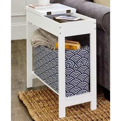 The  Collection Narrow Wood Side Table with Flip-Top and Fabric Storage Bin - blue