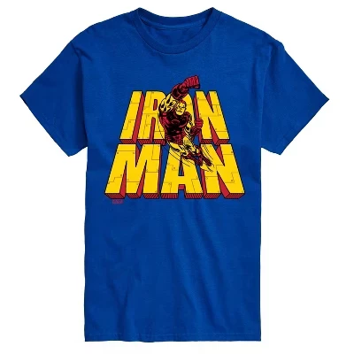 Мужская футболка с надписью Iron Man Stacked Name Оверсайз с коротким рукавом и графическим рисунком синего цвета