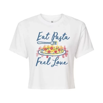 Женская укороченная футболка с рисунком Eat Pasta Feel Love белого цвета.
