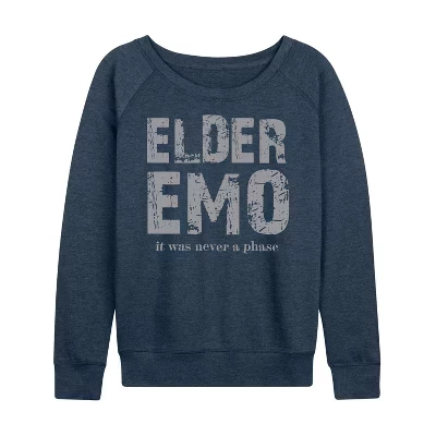 Женская футболка Elder Emo Never A Phase из легкого французского махрового материала с широким вырезом и длинными рукавами в графическом стиле heather indigo