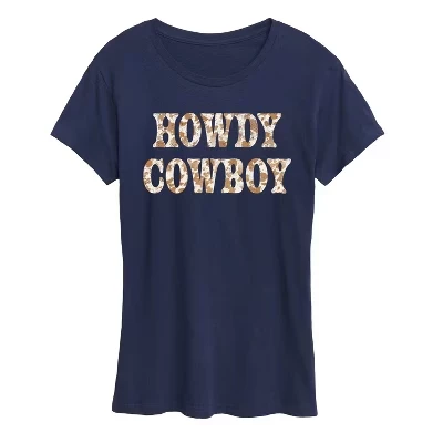 Женская футболка Howdy Cowboy с коротким рукавом и рисунком темно-синего цвета.
