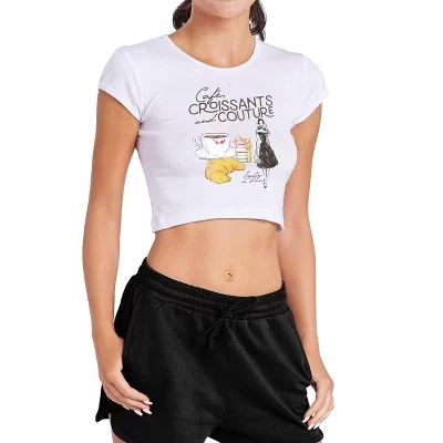 Women's  Cafe, Croissant and Couture Cap Sleeve Baby Rib Crop Top white