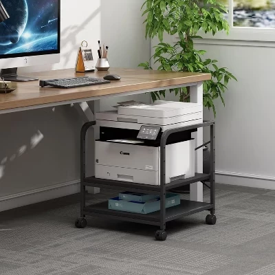 2-Tier Large Printer Stand, Under-Counter Printer Desk with Height-Adjustable Shelf, Rolling Printer Cart with Wheels for Home Office Storage black