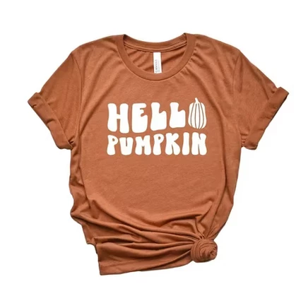 Женская осенняя футболка с ярким рисунком Hello Pumpkin и коротким рукавом
