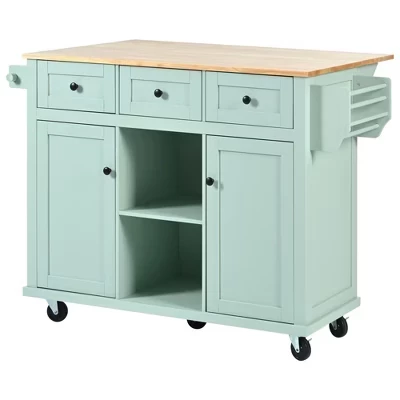 Rolling Green Drop Leaf Wood Top 53 in. Kitchen Island Cart with Storage Racks, Removable Shelves, 5 Wheels green