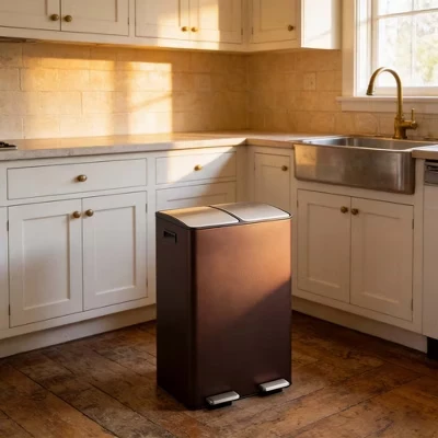 Stainless Steel Trash Can with 2x8 gal,Double Garbage Can and Removable Inner Buckets & 2 Lids for Kitchen Living Room brown