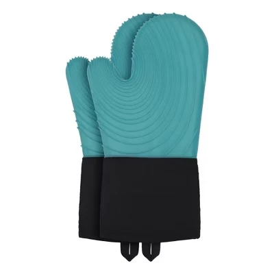 Soft Silicone and Cotton Oven Mitts Heat-Resistant Cooking Gloves Gripping for Baking, Kitchen Mitts Set of 2 cyan