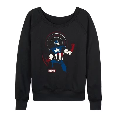 Women's -  - Captain America Shield Pose Lightweight French Terry Wide Neck Long Sleeve Graphic Shirt black