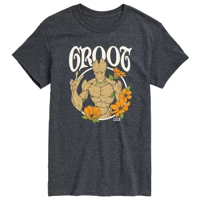 Мужская футболка Guardians of the Galaxy Groot Peace Flowers с коротким рукавом и графическим рисунком heather charcoal