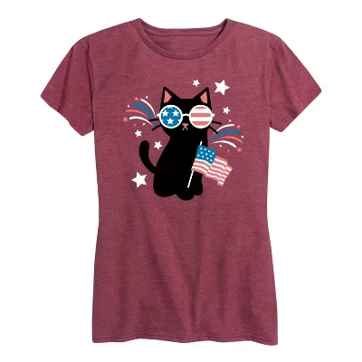 Женская футболка с коротким рукавом и рисунком heather burgundy в очках Patrotic Black Cat