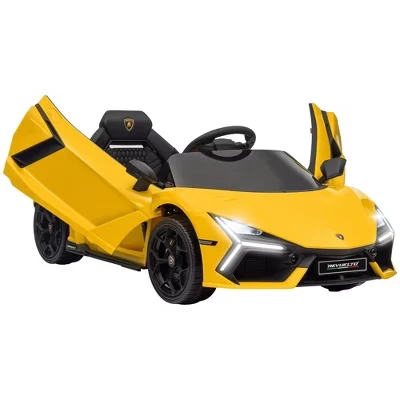 Лицензионный детский электромобиль Lamborghini Revuelto на 12 В, работающий на батарейках, с гидравлическими дверями, дистанционным управлением, тренировочными колесами желтого цвета