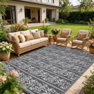 Уличные коврики, Водонепроницаемый реверсивный коврик Boho Leaf Patio Rug с 4 кольями и сумкой для хранения вещей, Большие уличные коврики для кемпинга, пикника, балкона белого цвета
