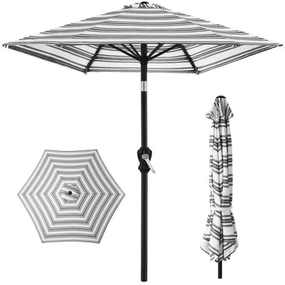 10-футовый уличный стальной зонт Market Patio в полоску с рукояткой, кнопкой наклона, 6 ребер черного цвета