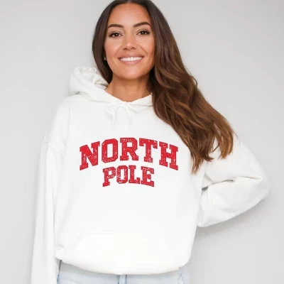 Женская толстовка с капюшоном North Pole Varsity Arched Distressed - белая с графическим принтом