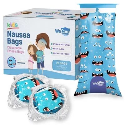 Одноразовые пакеты для рвоты WeCare Kids, Самоуплотняющиеся пакеты для блевотины в индивидуальной упаковке с забавными принтами - Герметичные пакеты от рвоты monsters