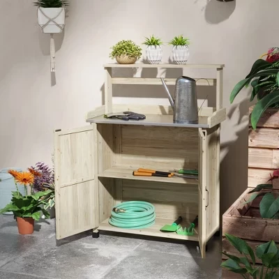 Patio Wooden Potting Bench, Outdoor Garden Work Station Table with Storage Cabinet, 2 Shelves & Galvanized Plated Tabletop natural