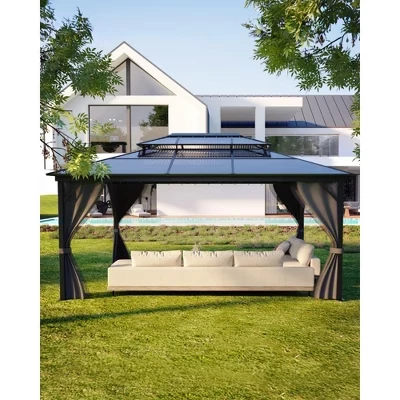 Беседка с жесткой крышей 12'x16'/ 20', Двойная крыша из поликарбоната, Алюминиевая рама с сеткой и занавесками, Внутренний дворик на заднем дворе, Серый