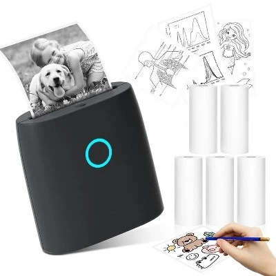 Мини–принтер для изготовления наклеек JD21 - Термопринтер Bluetooth с 5 рулонами бумаги - Производитель наклеек своими руками, подарок для детей, черный, без чернил и бисфенола А