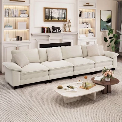 157,5-дюймовый модульный секционный диван Cloud Comfy из 4шт, диван для гостиной с глубоким сиденьем, бежевый из вельвета и синели