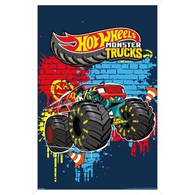 Настенный плакат Mattel Hot Wheels - Monster Trucks Smash в рамке белого цвета