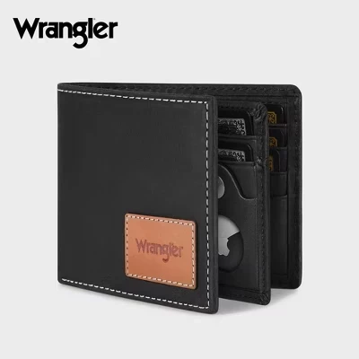 Мужской тройной кошелек Wrangler кожаный с RFID и AirTag, черный