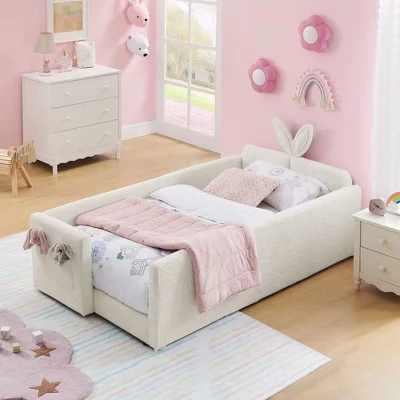 Детская кроватка Twin Size с кроличьей обивкой, изголовьем в форме кроличьих ушек и поручнем безопасности, симпатичная кровать-платформа для малыша, Детский бежевый