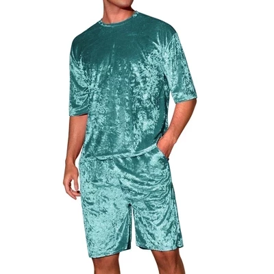 Мужская летняя праздничная велюровая футболка с коротким рукавом и бархатные шорты синего цвета