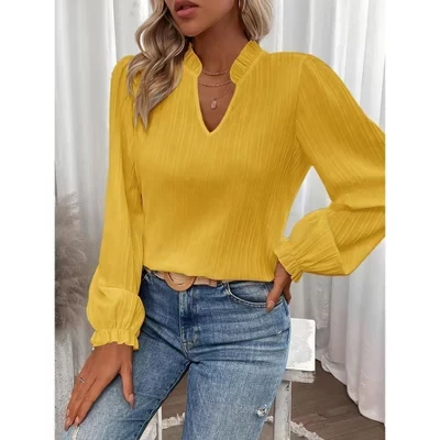 Womens Slim Fit Lantern Long Sleeves Sleeve Blouse Pleated Cuffs Business Casual V Neck Formal Shirts yellow