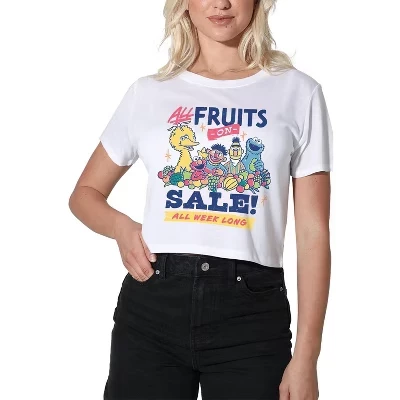 Женский винтажный укороченный топ Fruit Elmo, Cookie Monster, Big Bird белого цвета