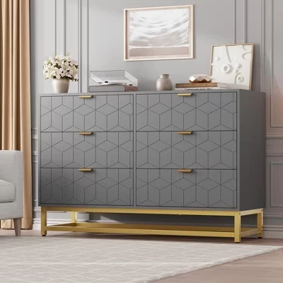Комод SunnyFurn с 6 ящиками и золотыми ручками, серый