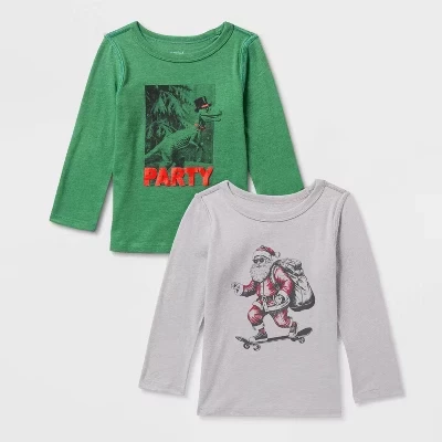 Футболка для маленьких девочек 2pk Adaptive с длинным рукавом Christmas Dinosaur Party/Santa Skate Graphic - ™ Сосново-зеленая /Вересково-серая