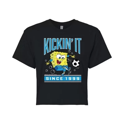 Женская - Губка Боб Квадратные штаны - Kickin It Since 1999 Укороченная футболка с рисунком черного цвета