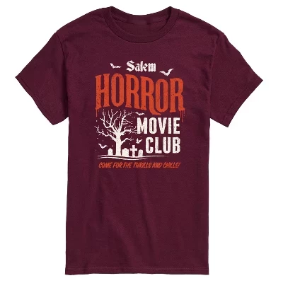 Мужская футболка Salem Horror Movie Club с коротким рукавом и графическим рисунком темно-бордового цвета.