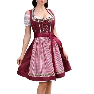 Женское платье Dirndl – немецкий фестивальный костюм из 3 предметов с квадратным вырезом на молнии и цветочной вышивкой бордового цвета