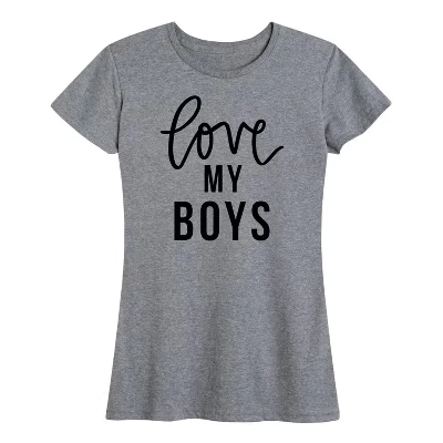 Женская футболка Love My Boys с коротким рукавом и рисунком серого цвета.
