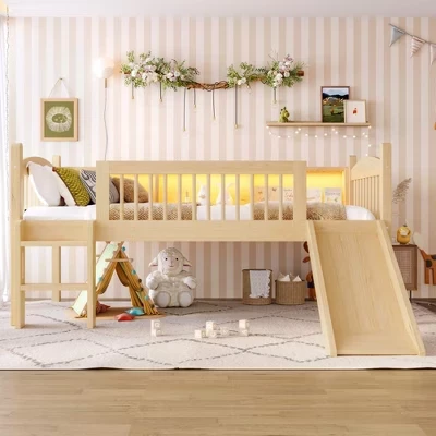 Twin Size Solid Wood Low Loft Bed with Storage Shelves & LED Lights,Full-length Guardrails Bed Frame for Bedroom,Kids Room natural