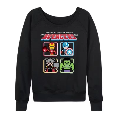 Женская футболка Avengers 8Bit из легкого французского махрового материала с широким вырезом и длинным рукавом с графическим рисунком черного цвета.