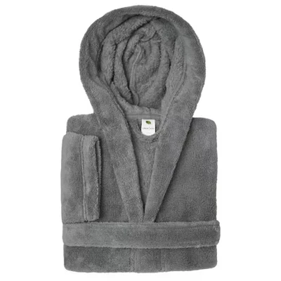 Махровый халат Linum Kids из 100% полиэстера SUPER PLUSH с двойным матовым капюшоном серого цвета
