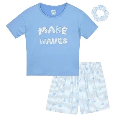 Girls 2-Piece Short-Sleeve Jersey Pajama Shorts Set with Matching Hair Scrunchie blue