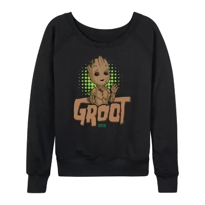 Женская футболка Guardians of the Galaxy Baby Groot из легкой махровой ткани с широким вырезом и длинным рукавом, черная с рисунком